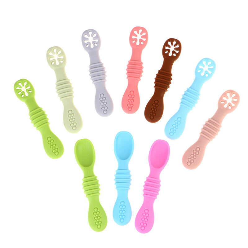 Baby Spoon Silicone Teether Toys Learning Feeding Scoop Training Utensils>