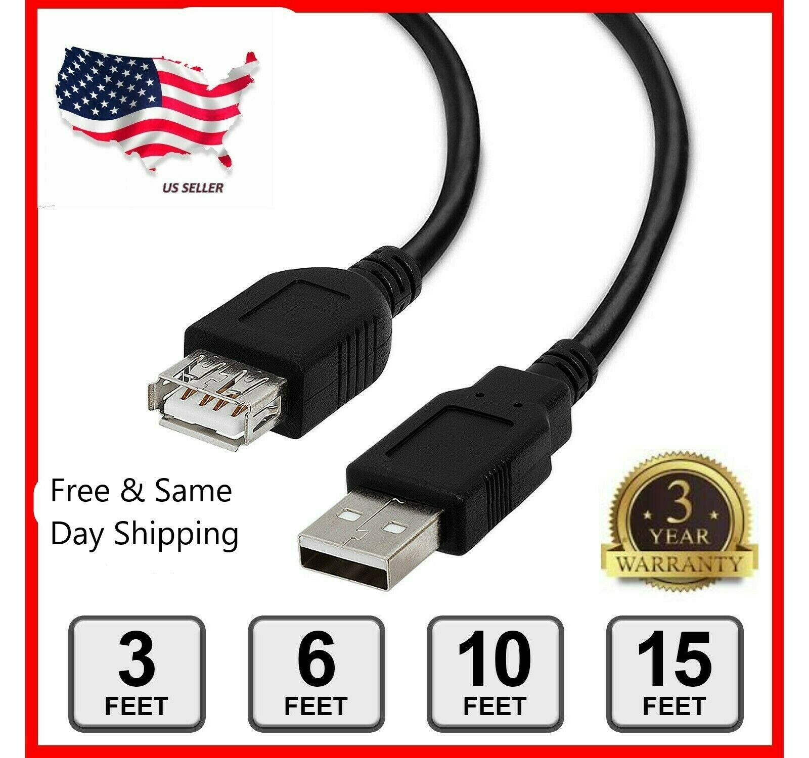 Usb 2.0 Extension Extender Cable Cord M/f Standard Type A Male To Female Black