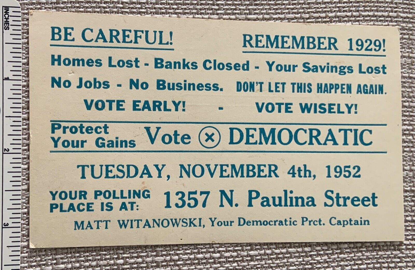 VTG Nov. 4th 1952 VOTE DEMOCRATIC Promotional POSTCARD Remember 1929 Campaign