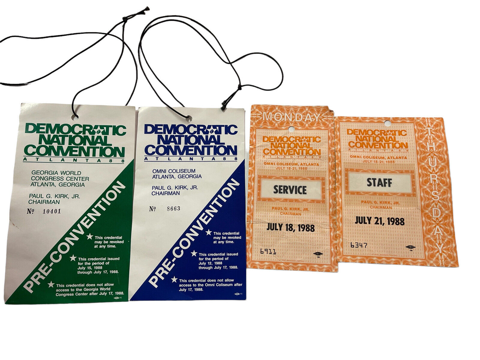 Lot Of 4 1988 Democratic National Convention Passes / Staff / Service Pass