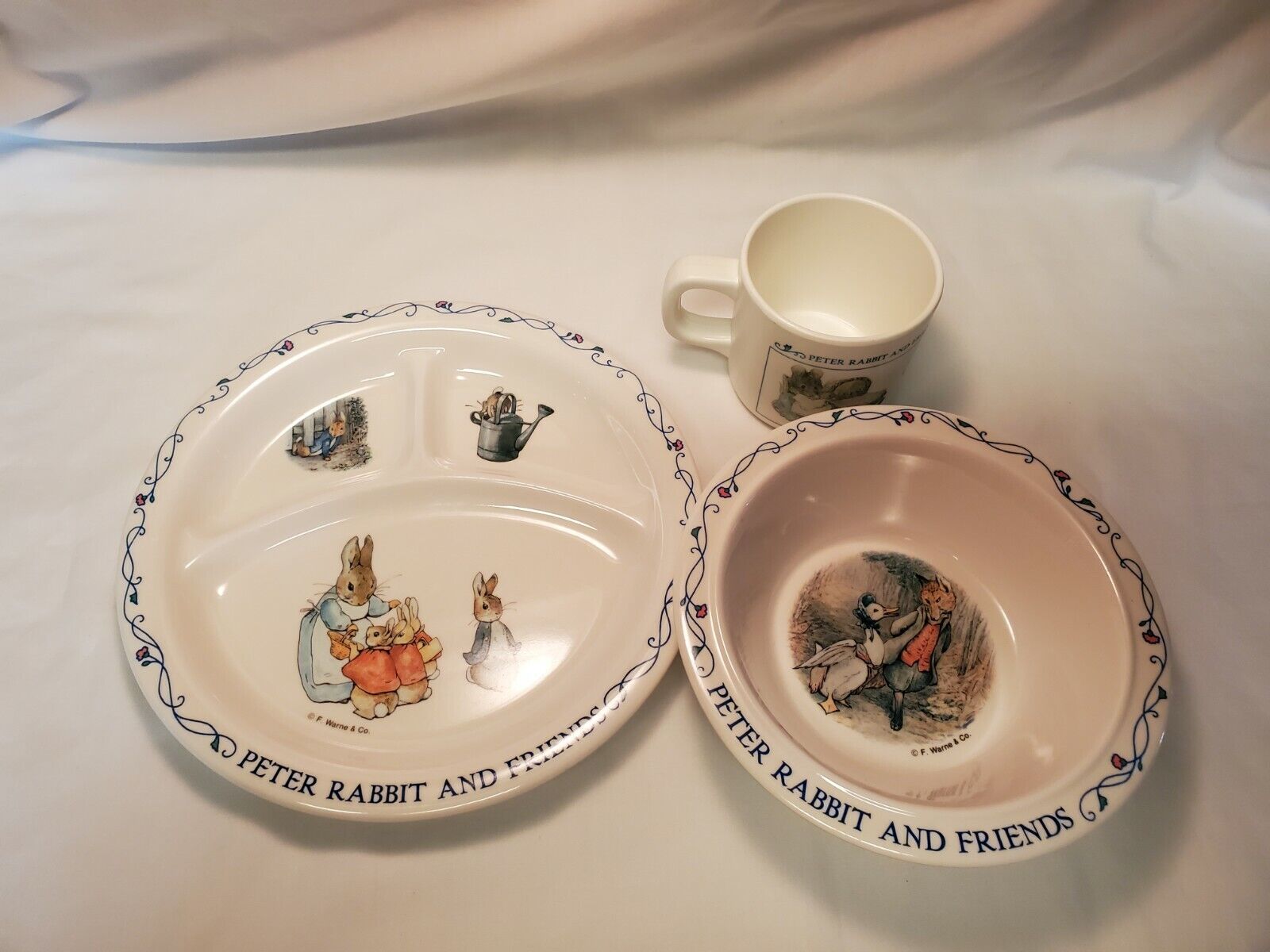 Beatrix Potter Peter Rabbit And Friends 3 Piece Melamine Dish Set Plate Bowl Cup