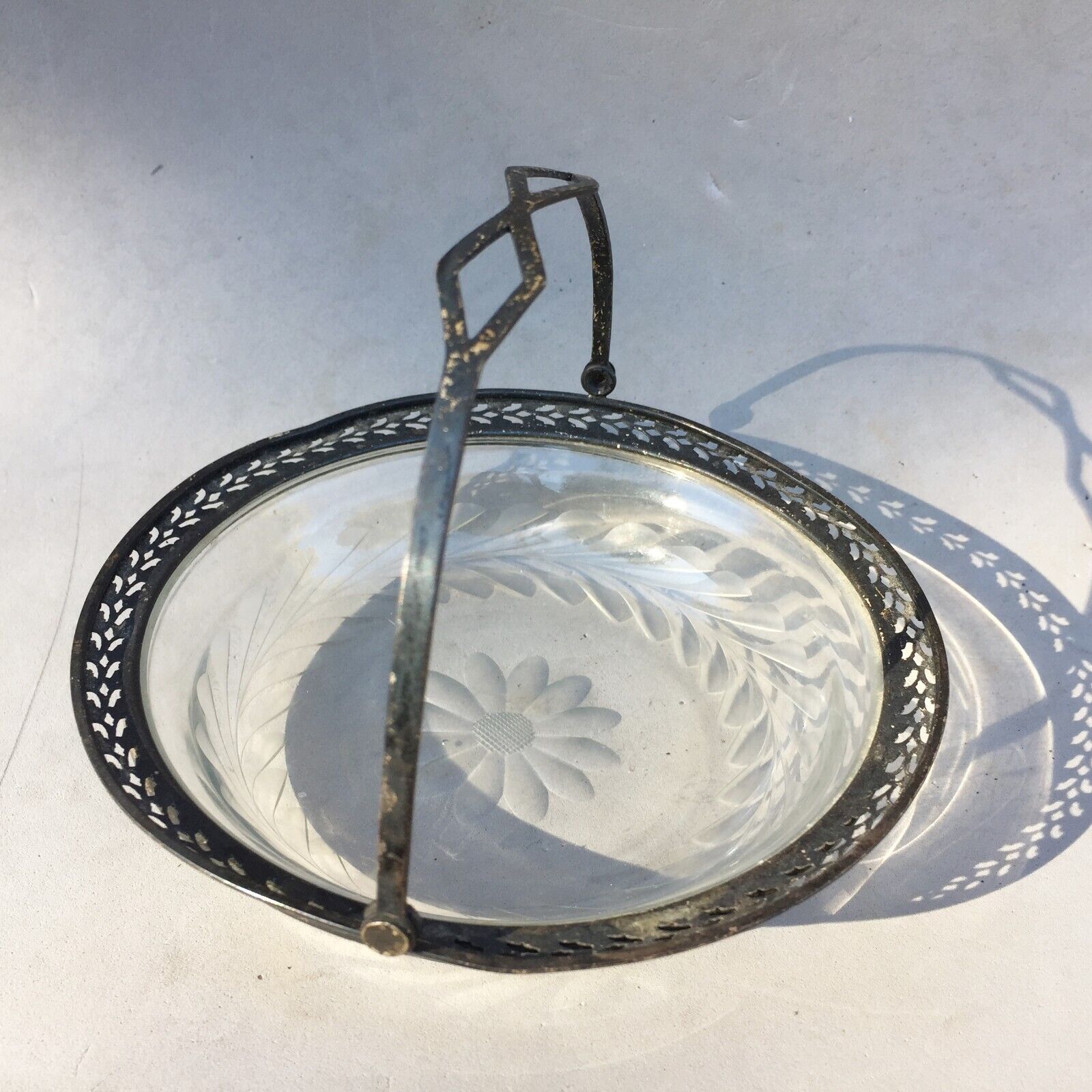Webster Antique Sterling Silver Cut Glass Basket Candy Dish Folding Handle 5"