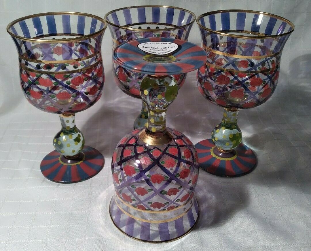 4 Mackenzie Childs Circus Rose Arbor Water Goblets Excellent Nwt