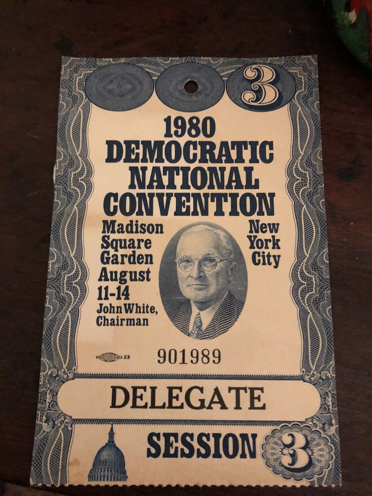 1980 Democratic National Convention Delegate 3 Blue Pass Ticket Harry Truman NY