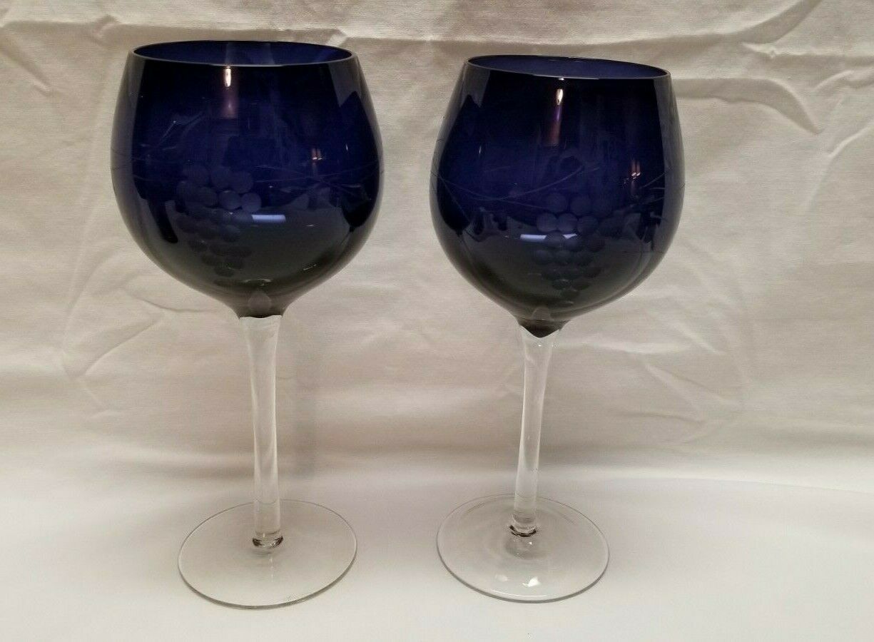 2 Vintage Cobalt Blue Cut Etched Grape Balloon Wine Goblets Glasses