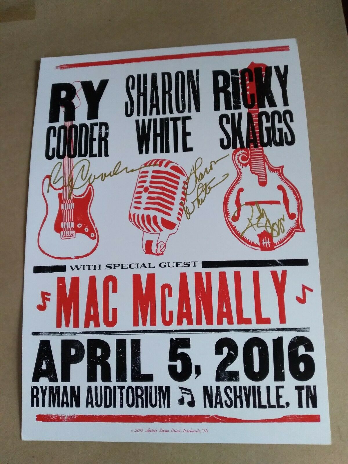 Ry Cooder Ricky Skaggs Sharon White Autographed Ryman 2016 Poster Hatch Print