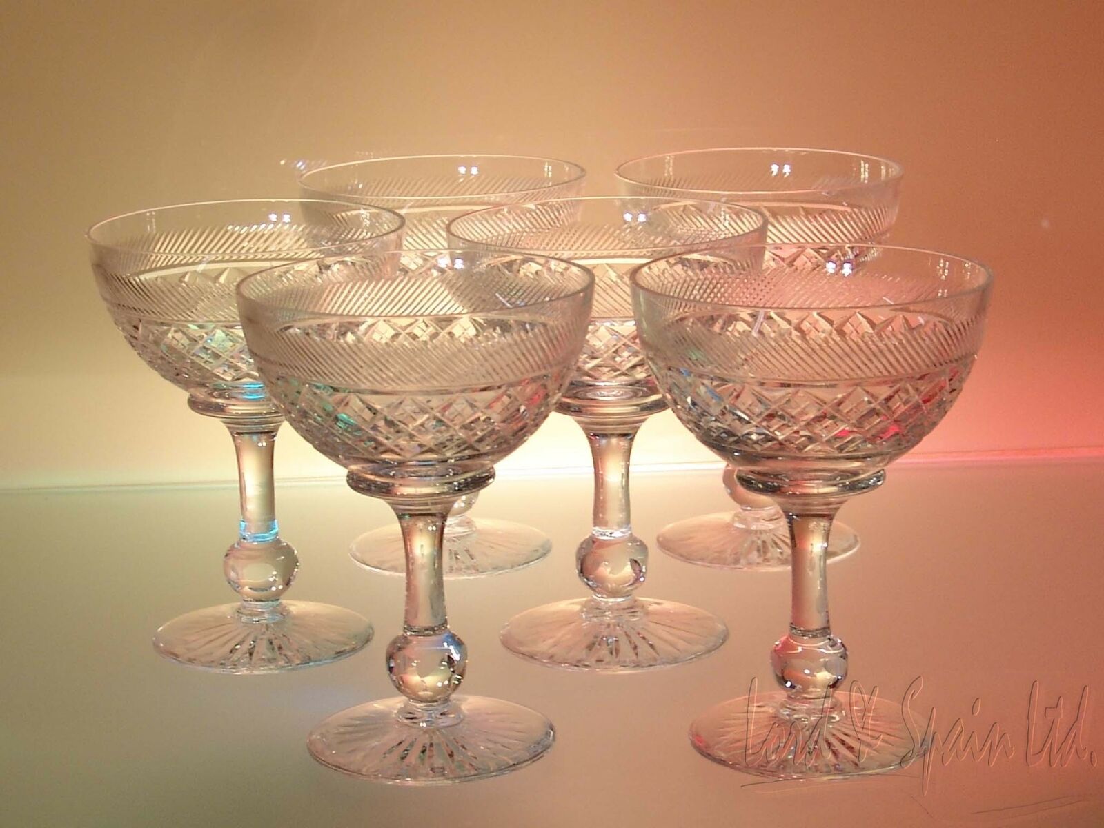 6 Tudor Cut Crystal Holbein 4 3/4" Champagne Sherbet Glasses-england