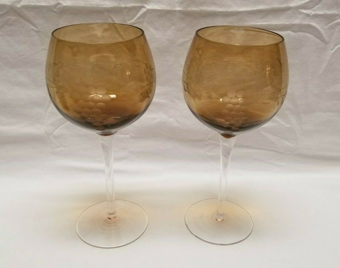 2 Vintage Amber Cut Etched Grape Balloon Wine Goblets Glasses