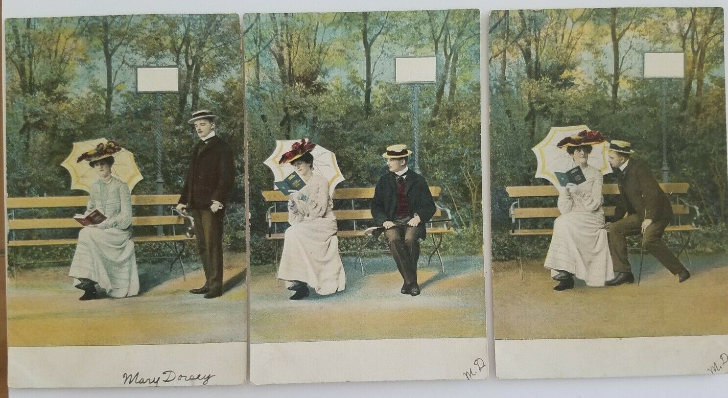 Vintage c1910 Postcard Series - First Meeting on a Park Bench