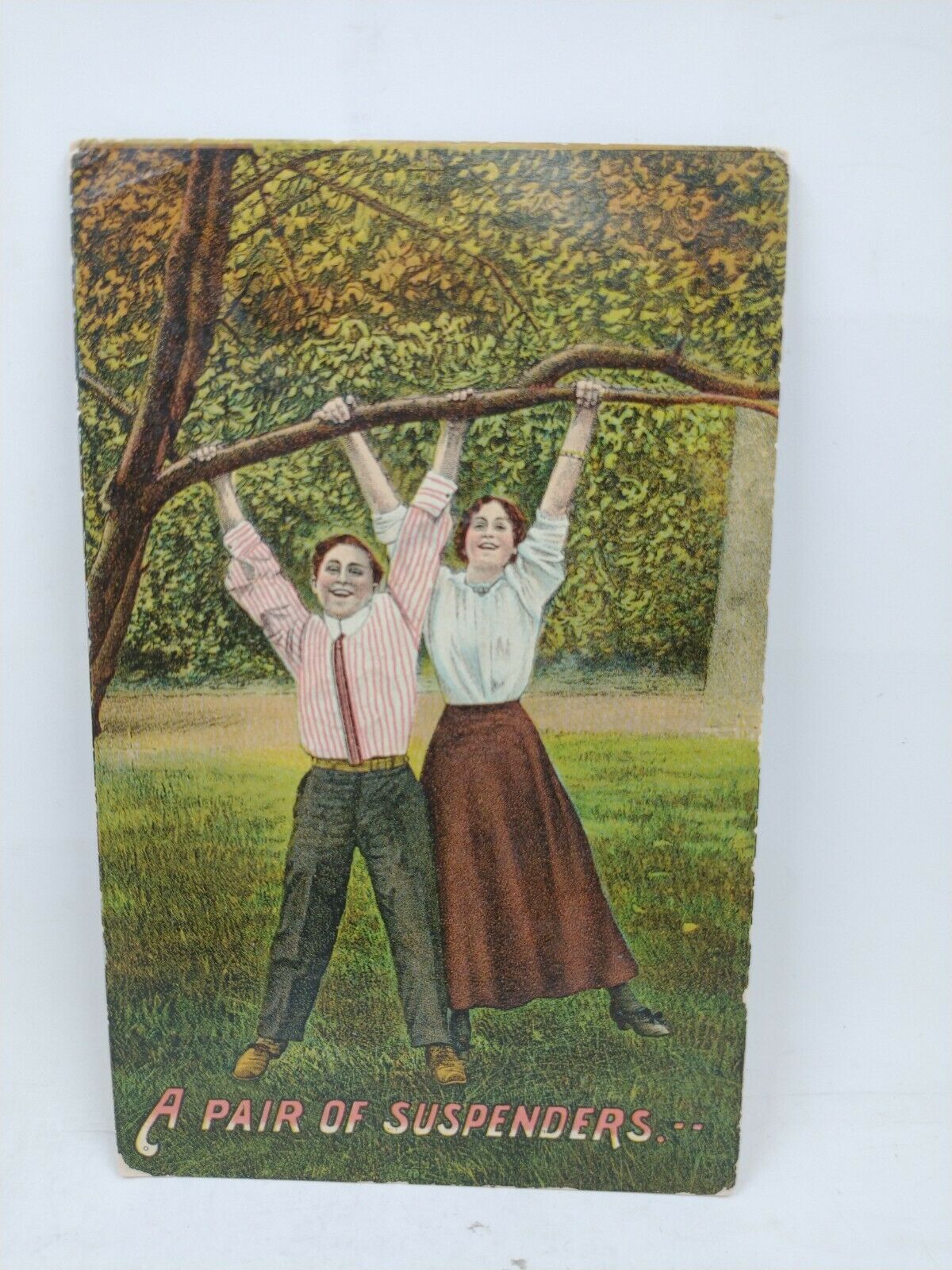 Vintage 1912 Postcard A Boy And Girl Hanging From Tree Limb A Pair Of Suspenders