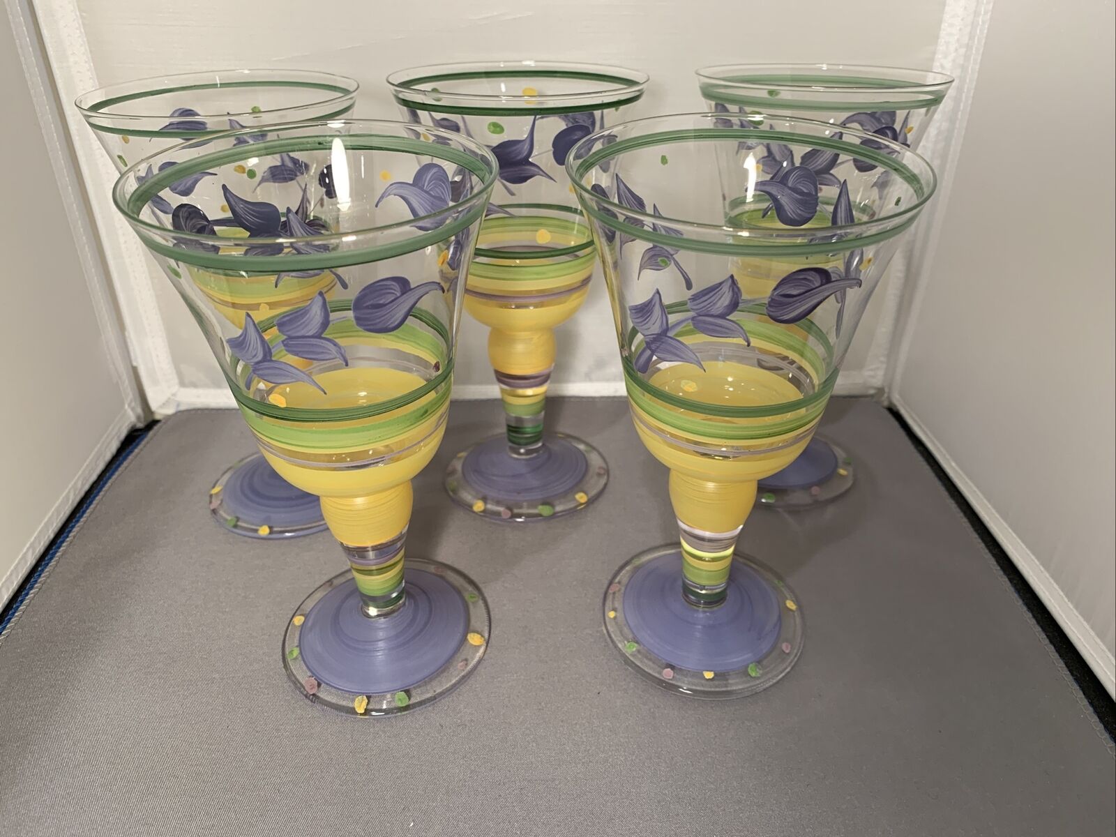5 MacKenzie Childs Style Glass Water or Wine Goblets in Yellow Green Purple