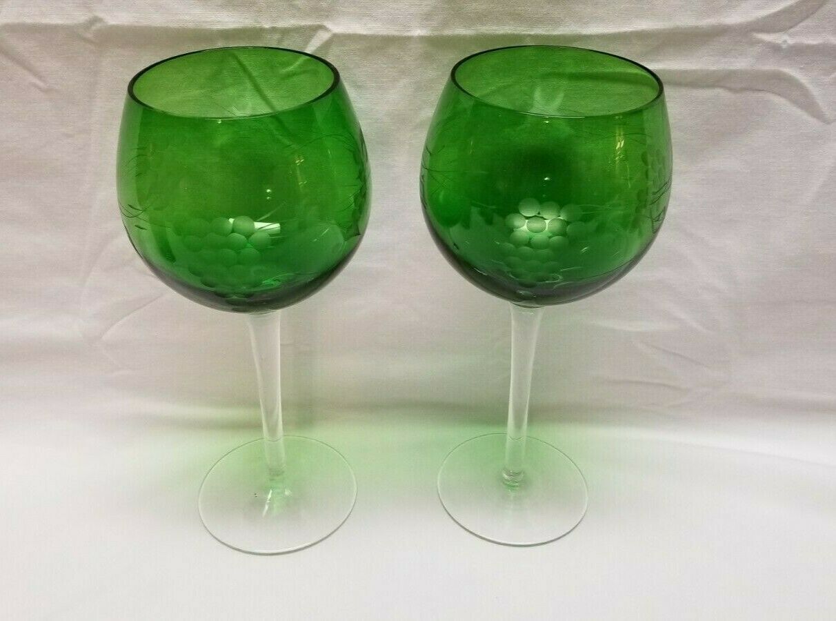 2 Vintage Emerald Green Cut Etched Grape Balloon Wine Goblets Glasses