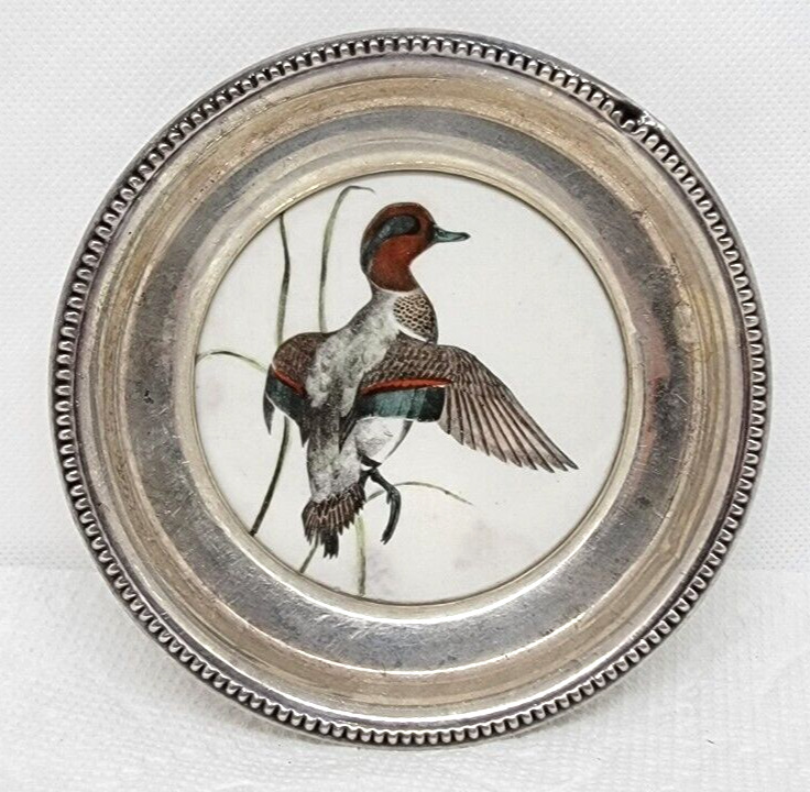 VTG Frank M. Whiting Sterling Silver Porcelain Coaster GREEN WING TEAL Duck Bird