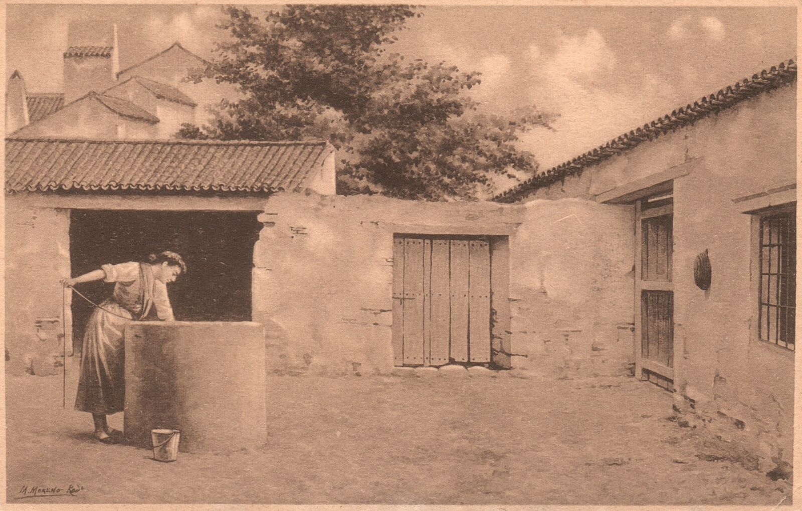 Vintage Postcard 1910's Water Well Woman Fetching Bucket Of Water