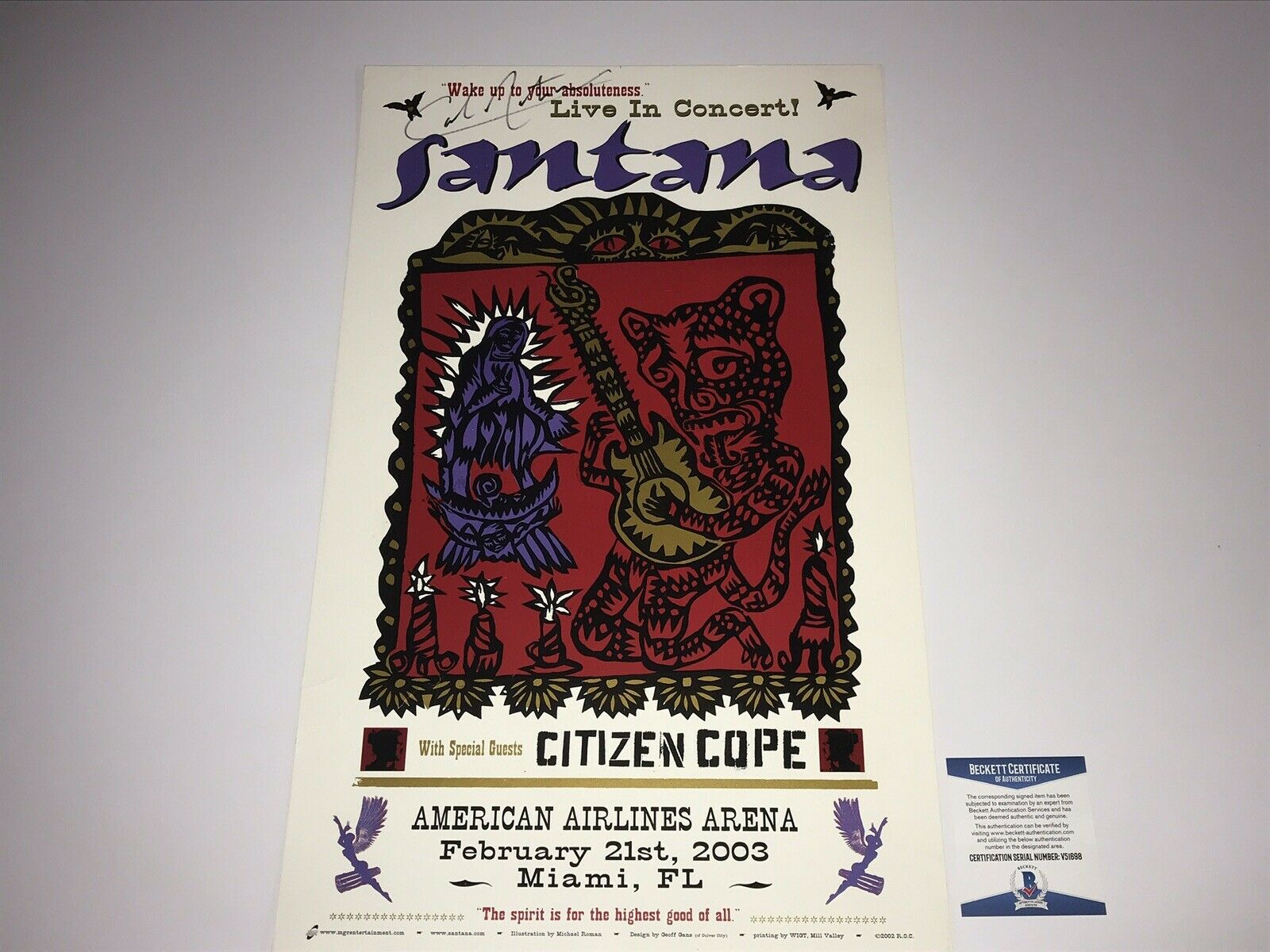 Carlos Santana Rare Authentic Autographed Signed Concert Gig Show Poster BAS COA