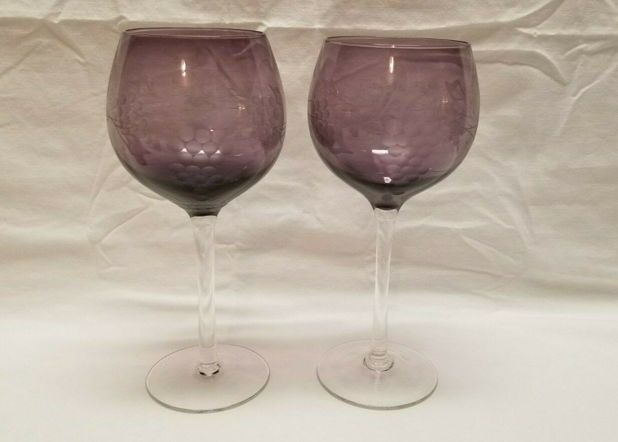 2 Vintage Amethyst Purple Cut Etched Grape Balloon Wine Goblets Glasses