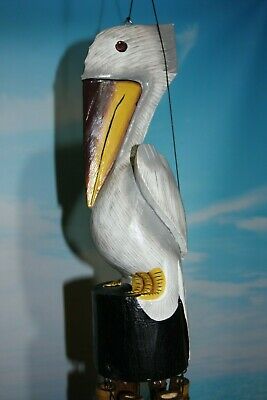 (1) Pelican Wind Chime Home Garden Decor, Hand Crafted Wood Pelican Bamboo Chime