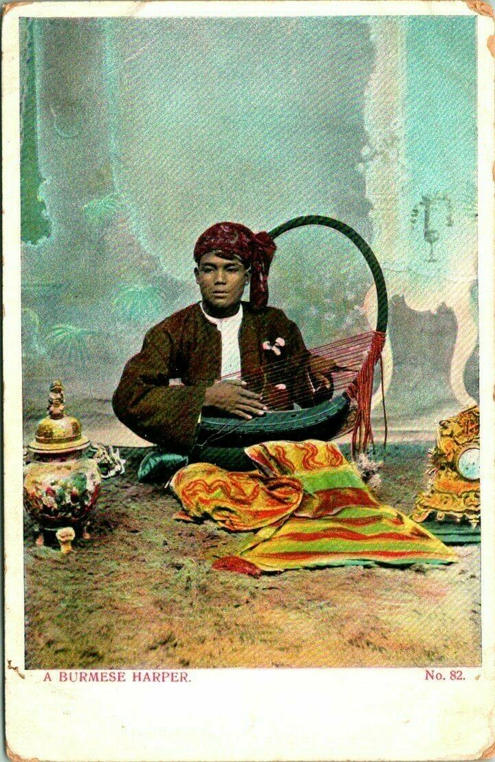 Antique Postcard   Burma  "a Burmese Harper"  Harp  Young Man