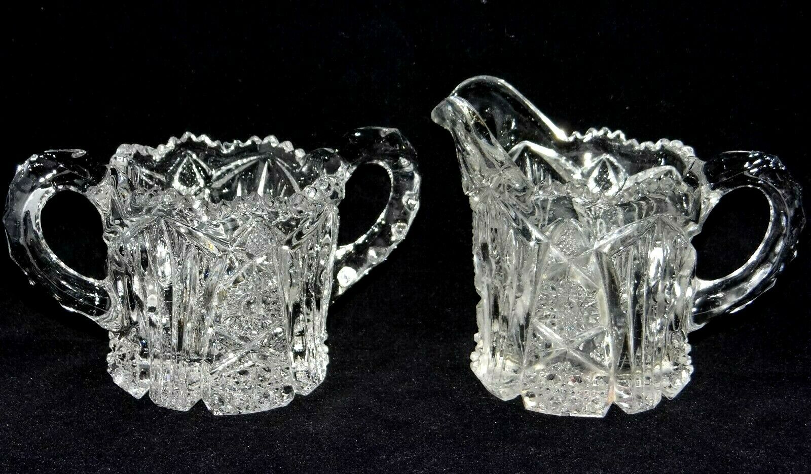 Crystal Clear Cut Glass Sugar Bowl & Creamer Set Snowflake Design Sawtooth Rim