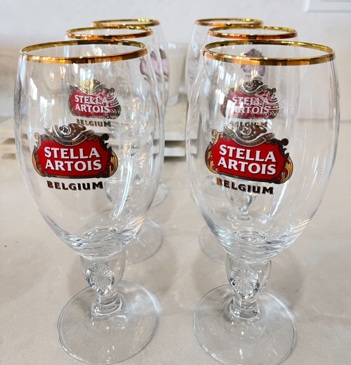 Set Of 6 Stella Artois Belgium Beer Glasses Chalice 33cl Gold Rimmed