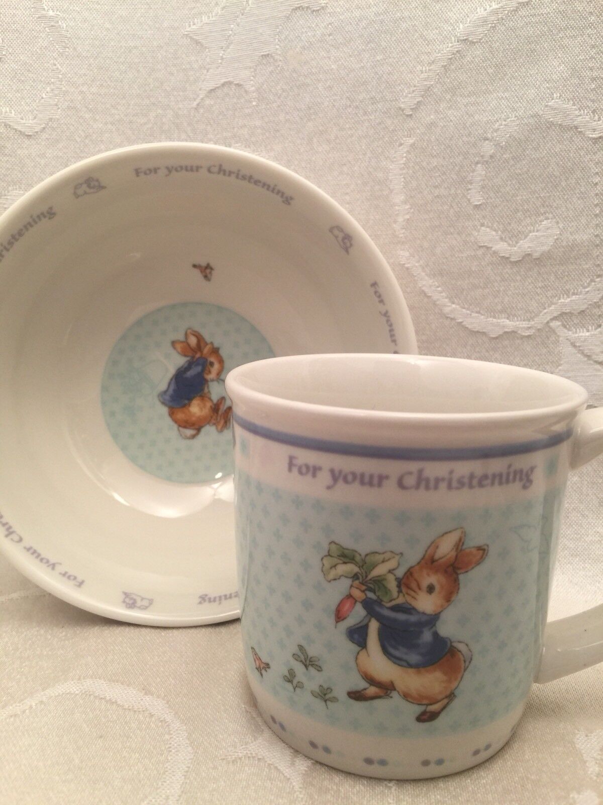 Peter Rabbit Christening Set Wedgwood Bowl Cup Mug Beatrix Potter Baby Gift