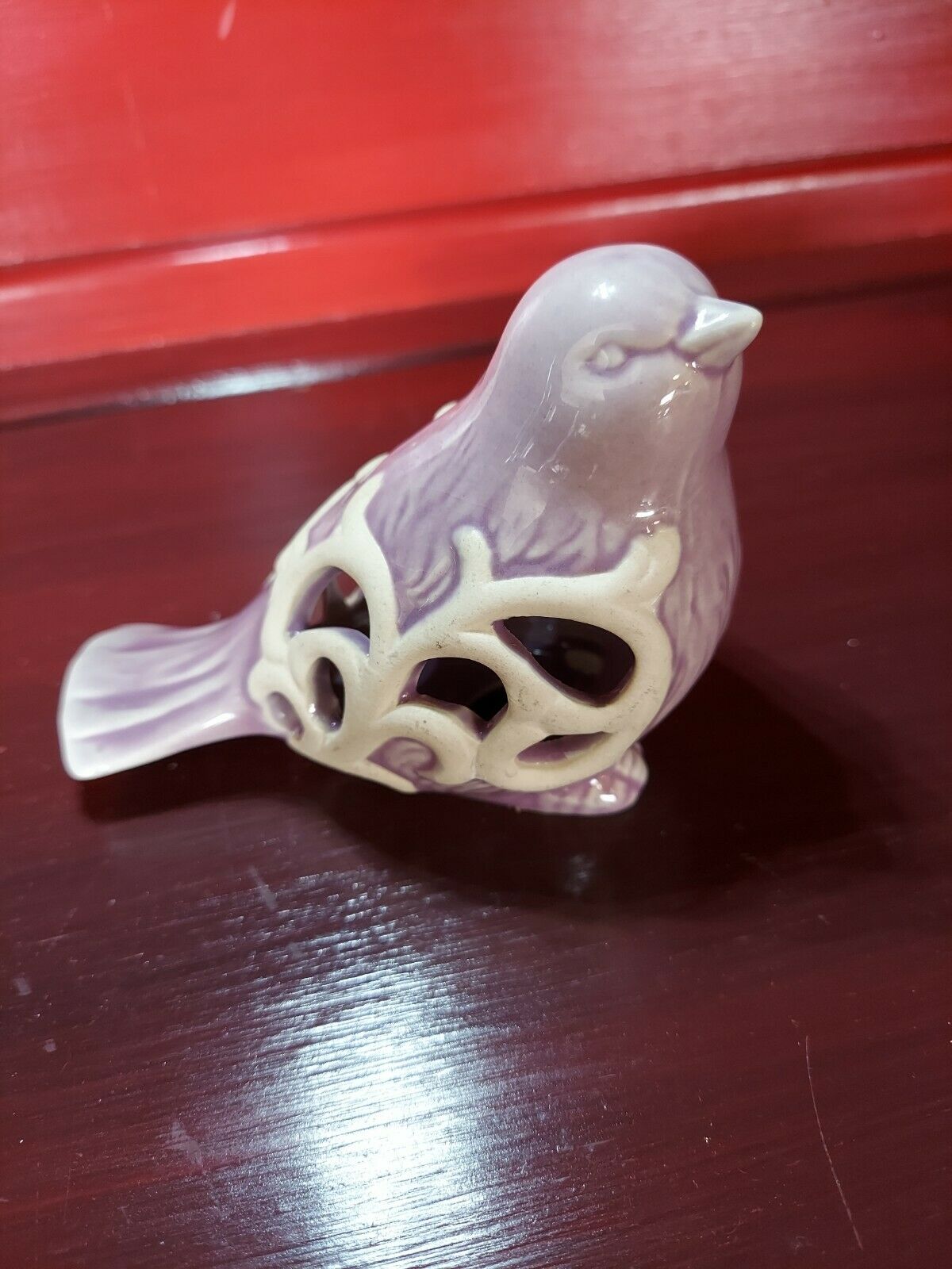 Ceramic Sparrow Bird Figurine Purple & White