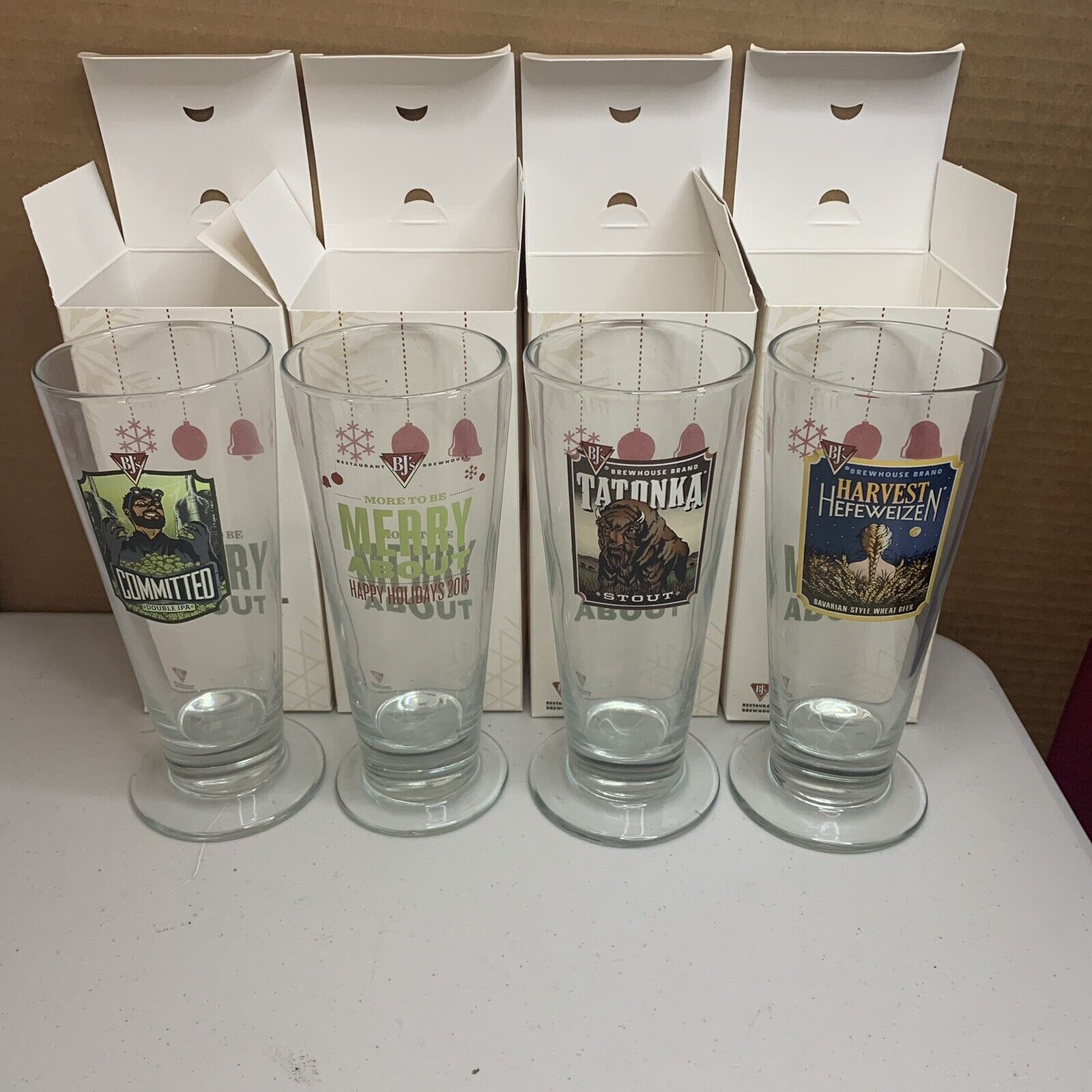 2015 BJ's Brewhouse Beer Glasses Set of 4 Harvest Hefeweizen, Committed Stout…