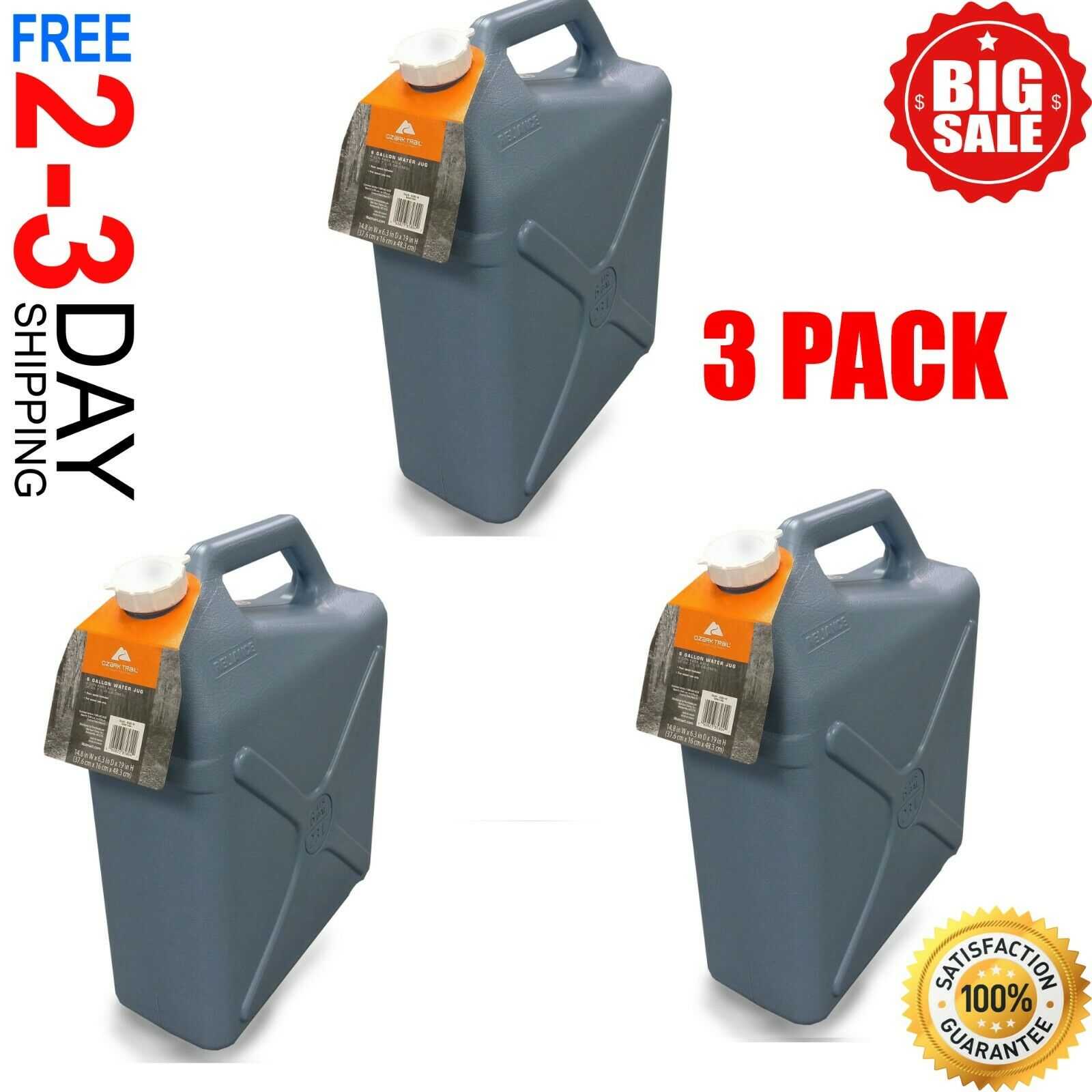 6 Gallon Water Carrier Jug (3 Pack) Plastic Container, Camping, Hiking, Hunting